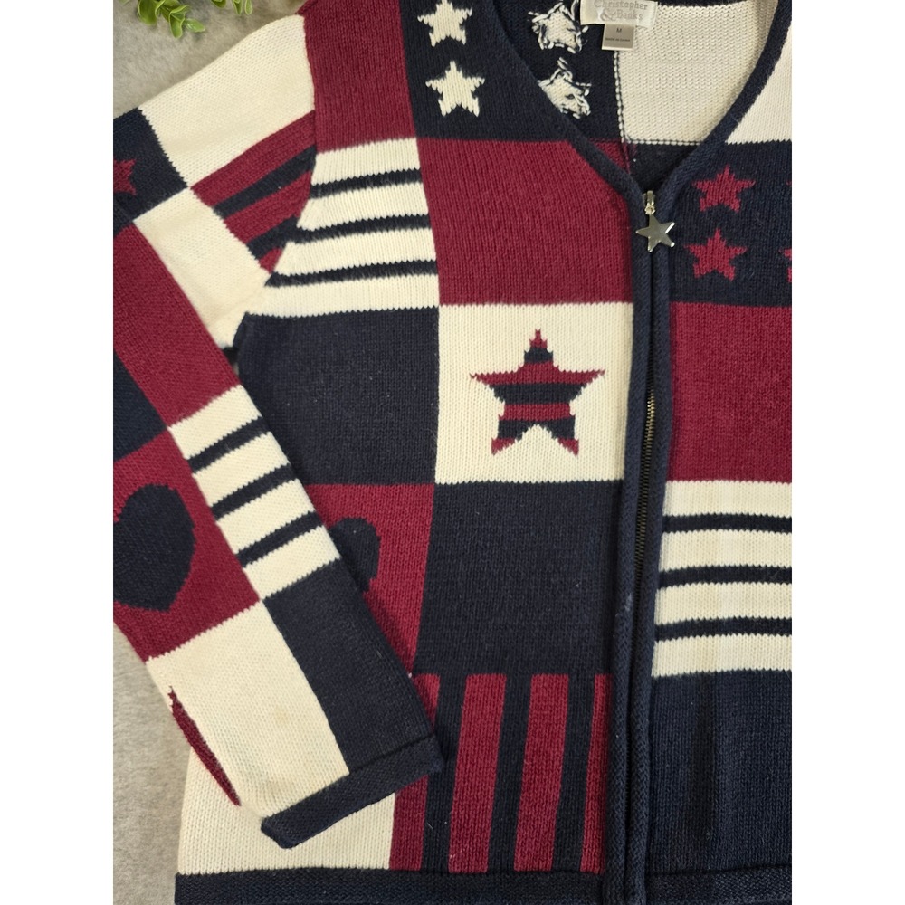 Y2K Christopher & Banks Zip Knit Cardigan Womens M USA Americana Patchwork Star - Picture 5 of 14